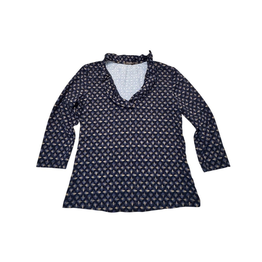 J.McLaughlin Catalina Womens Small Blue Geometric Ruffle Neck 3/4 Sleeve Top
